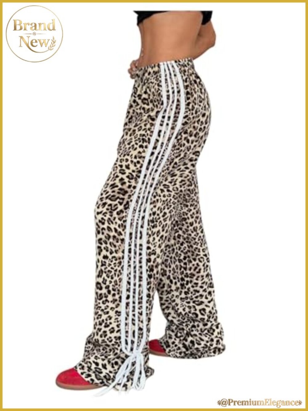 Wide Leg Leopard Cargo Pants Elastic High Waist Tie Knot Streetwear Trousers